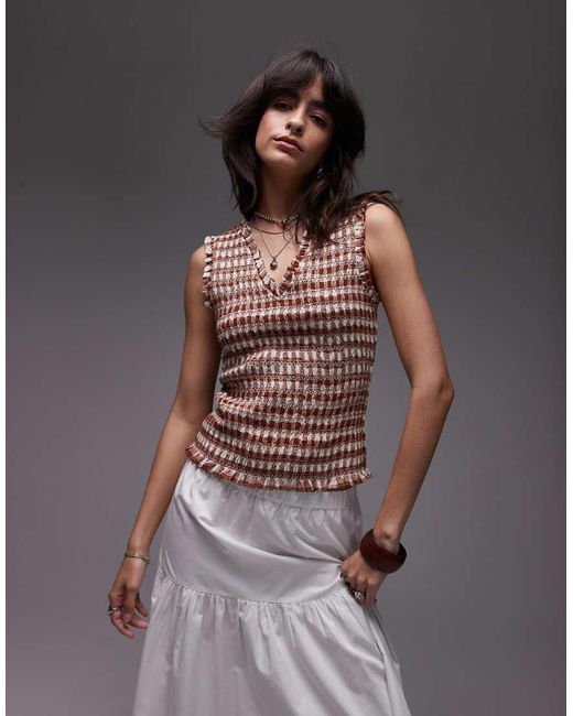 TOPSHOP Brown V Neck Sleeveless Shirred Top