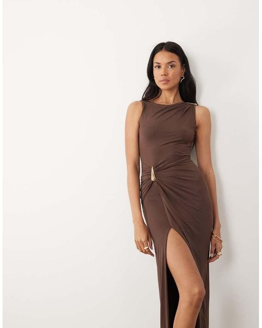 Bardot Brown Reed Draped Maxi Dress With Thigh Split