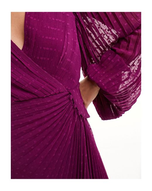 ASOS Purple Pleated Dobby Chiffon Wrap Button Detail Maxi Dress