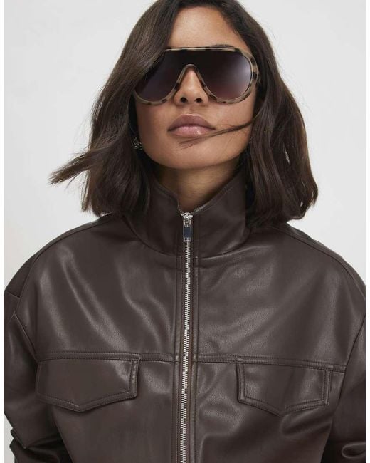 River Island Brown Faux Leather Drawstring Funnel Jacket