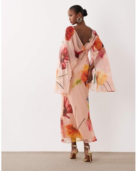 ASOS Pink Kimono Sleeve Cape Detail Draped Midaxi Dress With Open Back