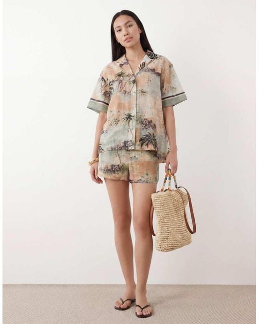ASOS Natural Poppy Postcard Beach Shorts - Part Of A Set