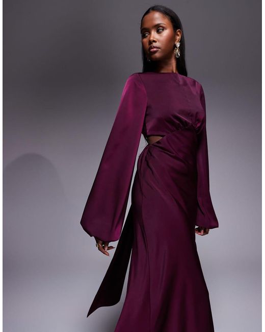 ASOS Purple Long Sleeved Cut Out Maxi Dress With Knot Back Detail