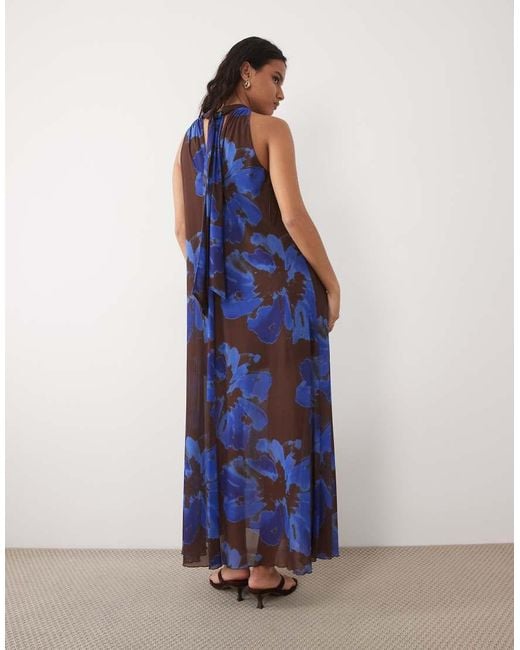 New Look Blue Floral Mesh Halter Neck Midaxi Dress