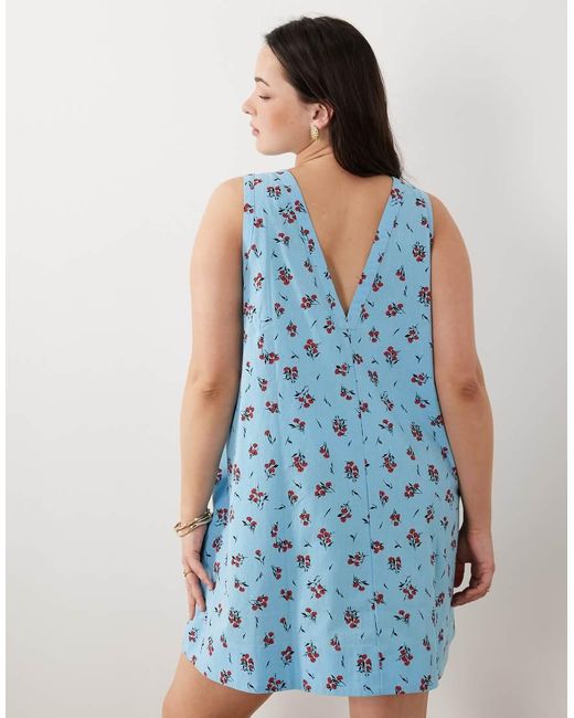 ASOS Blue Asos Design Curve Cotton Linen V Neck Smock Midi Dress