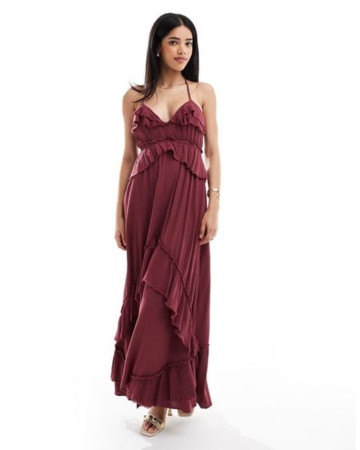 Bershka Red Frill Detail Occasion Maxi Dress