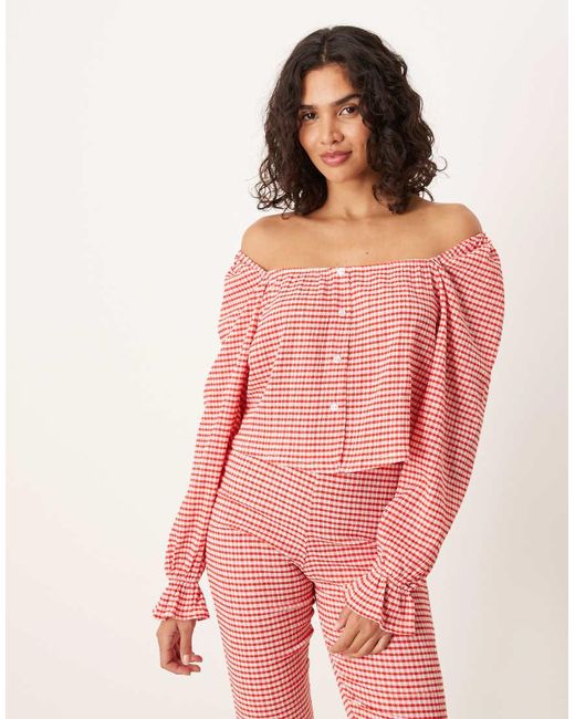Top Milkmaid Rosso A Quadretti Con Spalle Scoperte di ASOS in Pink