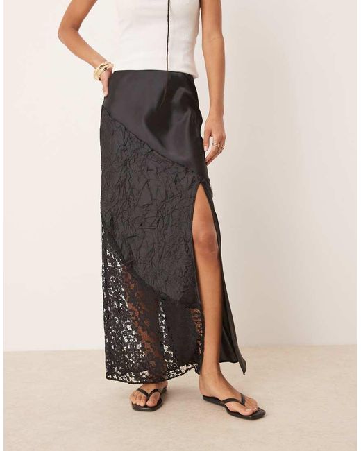 ASOS Pink Satin Crinkle And Lace High Split Maxi Skirt