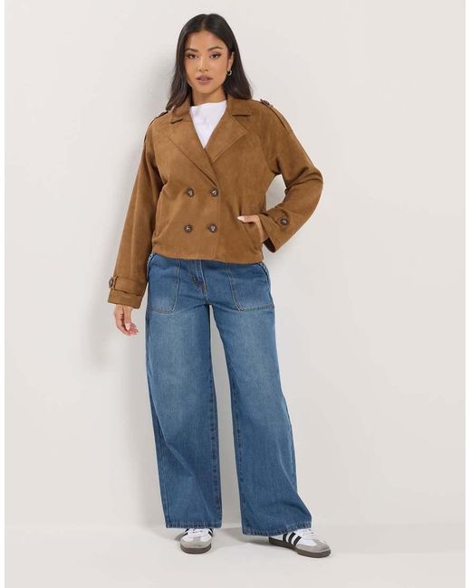 PixieGirl Blue Petite Faux Suede Cropped Trench Coat