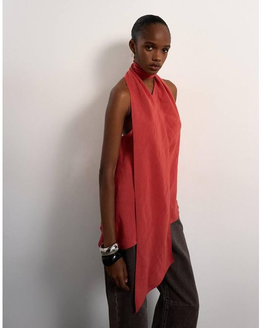 TOPSHOP Red Halter Scarf Detail Top