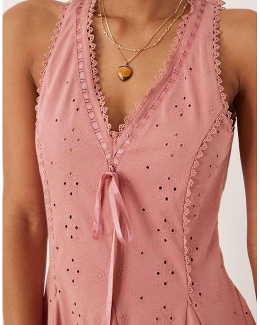 ASOS Pink Broderie Sleeveless V Neck Swing Mini Dress