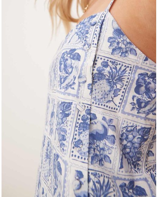 Abercrombie & Fitch Jurk Van Linnenmix Met Knopen, Skort En Blauwe Postzegelprint in het Blue
