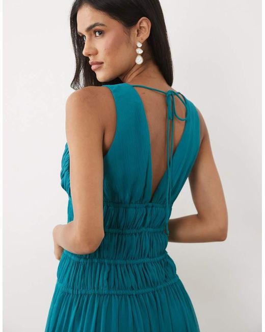 Abercrombie & Fitch Blue V-neck Flowy Crinkle Chiffon Maxi Dress