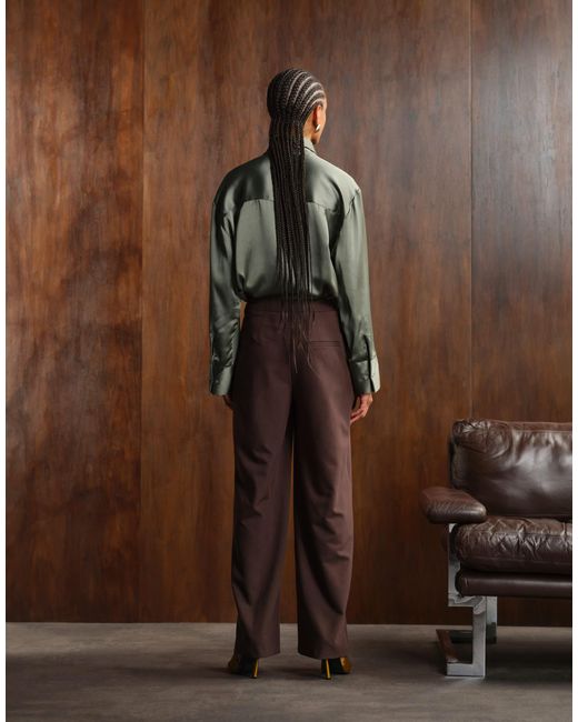 ASOS Brown Tailored Low Rise Wide Leg Pants With Asymmetric Waistband