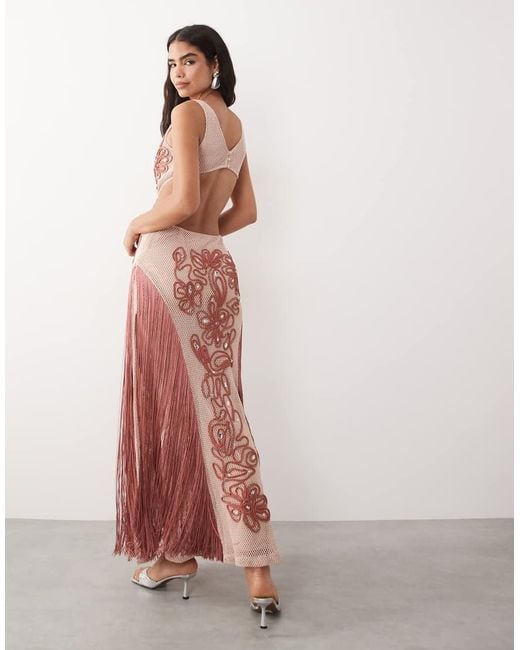 ASOS Pink Embellished Beach Maxi Dress With Fringe Detail