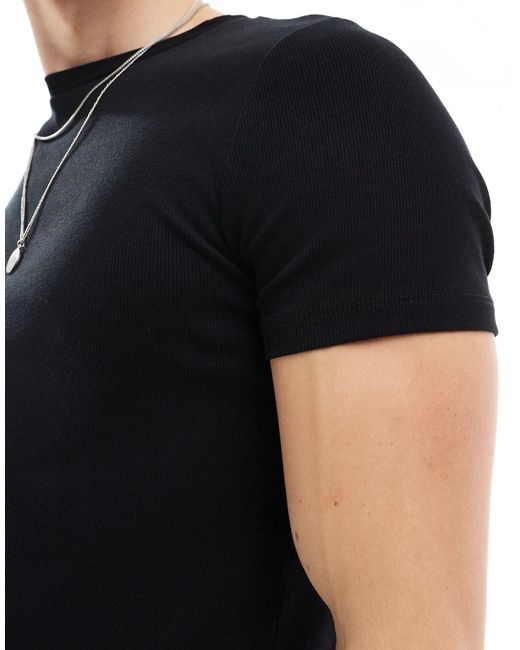 ASOS – geripptes, kurz geschnittenes t-shirt in Black für Herren
