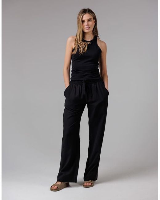 French Connection Black Cotton Linen Blend Elasticated Self-Tie Straight Leg Trousers