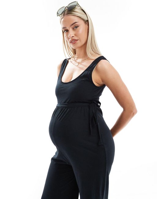 Mama.licious Blue Mamalicious Maternity Belted Jersey Jumpsuit With Wide Leg