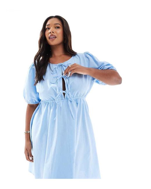 Esmee Curve Blue Exclusive Tie Front Puff Sleeve Mini Beach Dress