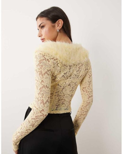 Oh Polly Natural Faux Fur Collar Lace Cardigan