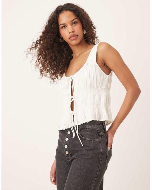 Abercrombie & Fitch White Ruched Tie Front Top