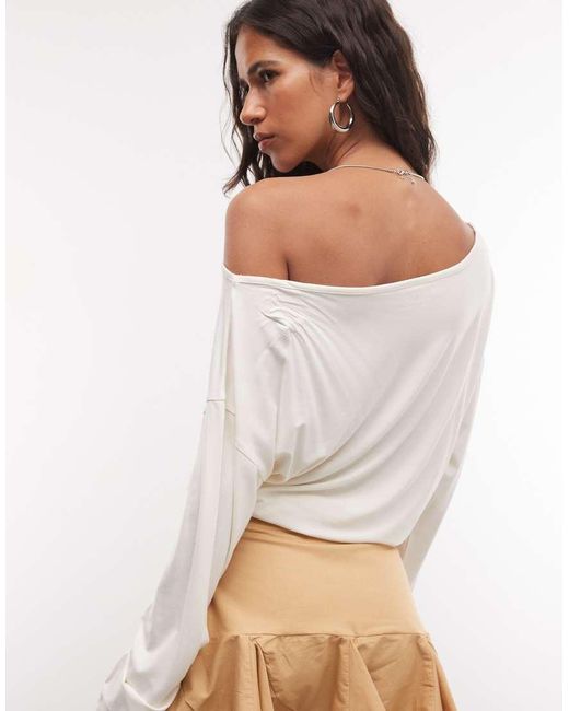 Collusion Natural Long Sleeve Drapey Off-shoulder Top