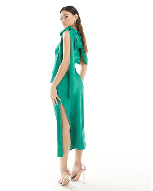 In The Style Green X Terrie Mcevoy Satin Draped Neckline Asymmetric Midi Dress
