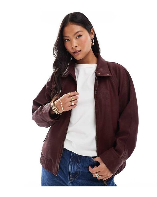 ASOS Brown Asos Design Petite Leather Look Bomber Jacket