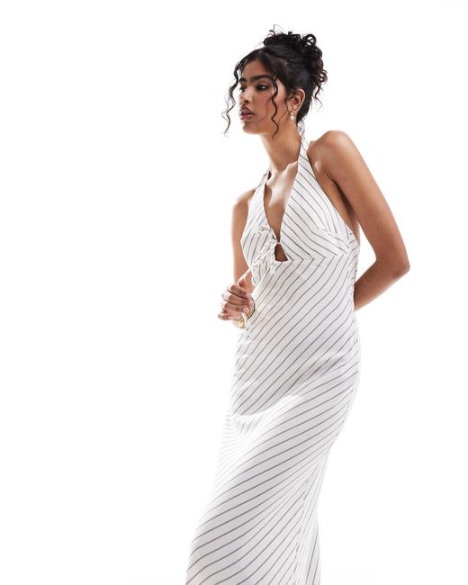 Bershka White Striped Halterneck Maxi Dress