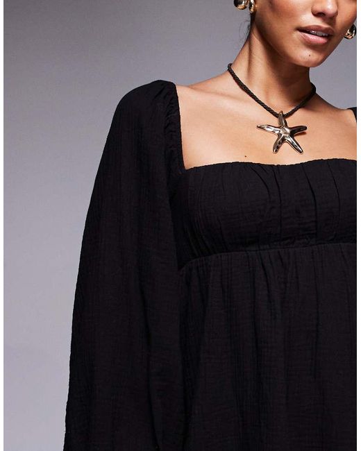 Princess Polly Black Let's Dance Cotton Linen Look Puff Sleeve Long Sleeve Open Tie Back Mini Smock Dress