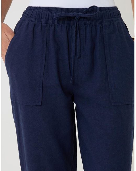 Threadbare Blue Petite Linen Blend Drawstring Waist Tapered Trousers