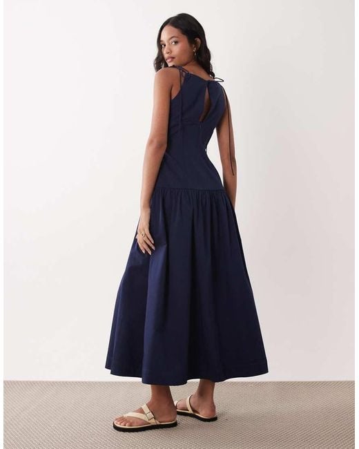 ASOS Blue Structured Cotton Sateen Tie Bust Dropped Waist Midaxi Sundress