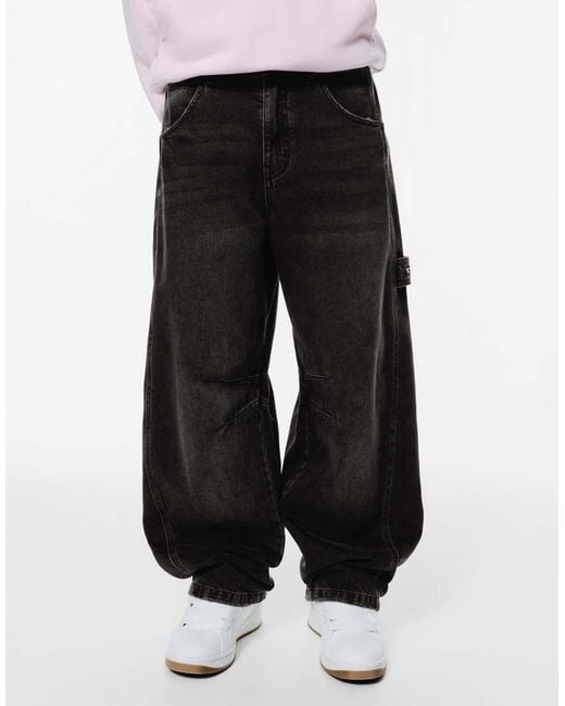 Pull&Bear Black Balloon Fit Jeans With Embroidered Pocket for men