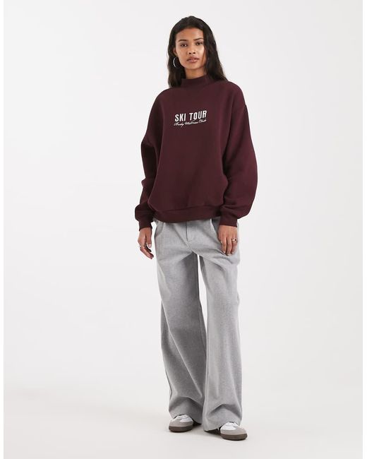 Cotton On Red Plush Mock Neck Sweatshirt With Ski Tour Graphic