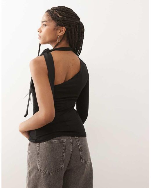Weekday Black One Shoulder Halter Neck Long Sleeve Top