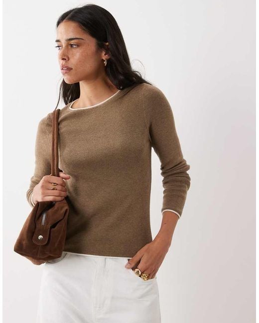 Mango Brown Knit Sweater With Contrast Trim