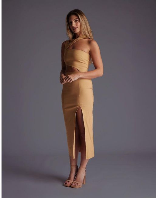 Vesper Gray Asymmetric Neckline Midaxi Dress With Cut Outs