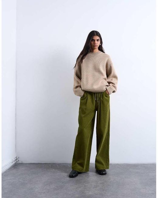 TOPSHOP Green Corduroy Wide Leg Pants With Drawstring