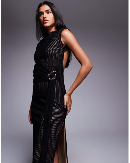 ASOS Blue Open Knit Midi Dress With Drape Skirt And Oversized Trim