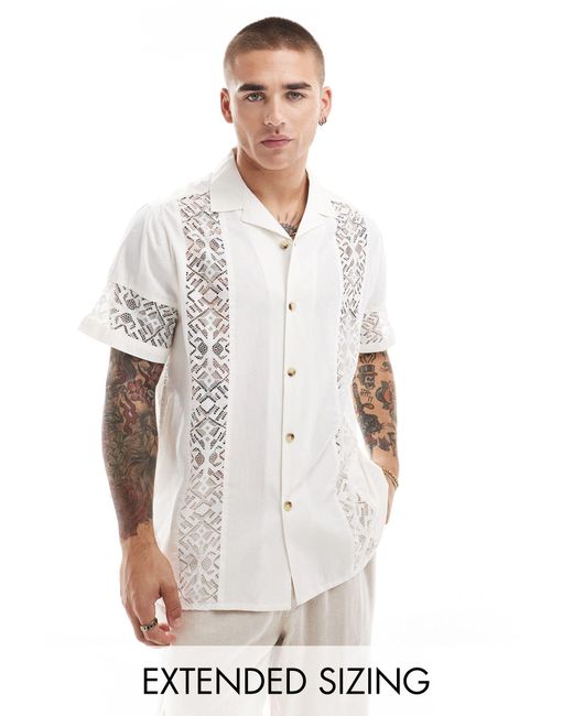ASOS White Short Sleeve Relaxed Revere Shirt With Lace Panels for men