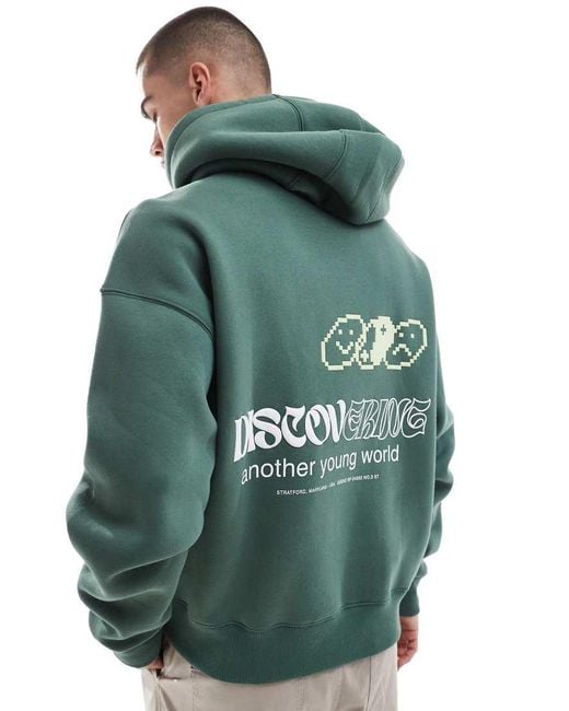 Pull&Bear Green Discover Printed Hoodie for men