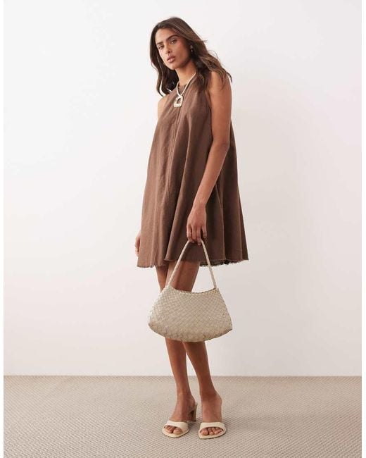 Monki Brown Linen Blend Sleeveless A Line Mini Dress With Frayed Edge