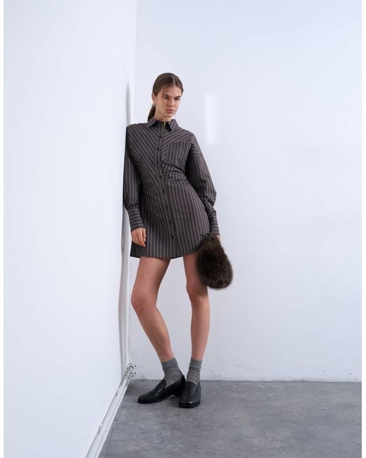 TOPSHOP Gray Gathe Waist Long Sleeve Shirt Dress