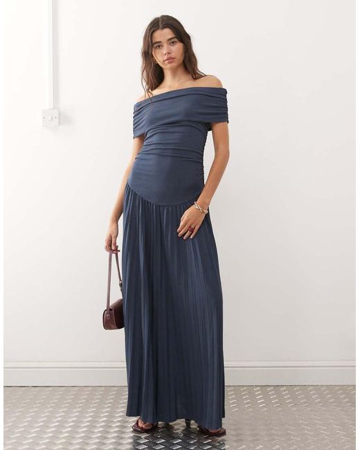 Lioness Blue Field Of Dreams Foldover Bardot Ruched Drop Waist Pleated Maxi Dress