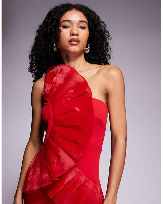 Goddiva Red One Shoulder Pleated Fan Maxi Dress