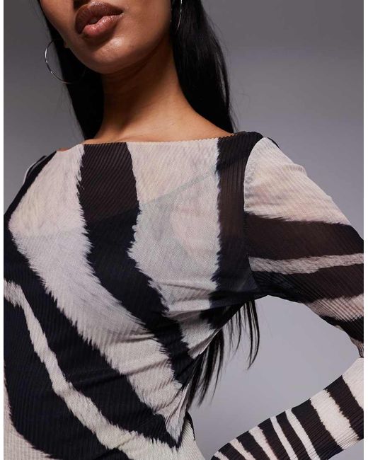 Murci Multicolor Slash Neck Long Sleeve Plisse Mini Dress