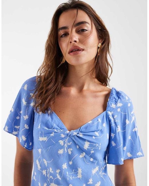& Other Stories Blue Viscose Puff Sleeve Midaxi Dress With Twist Sweetheart Neckline