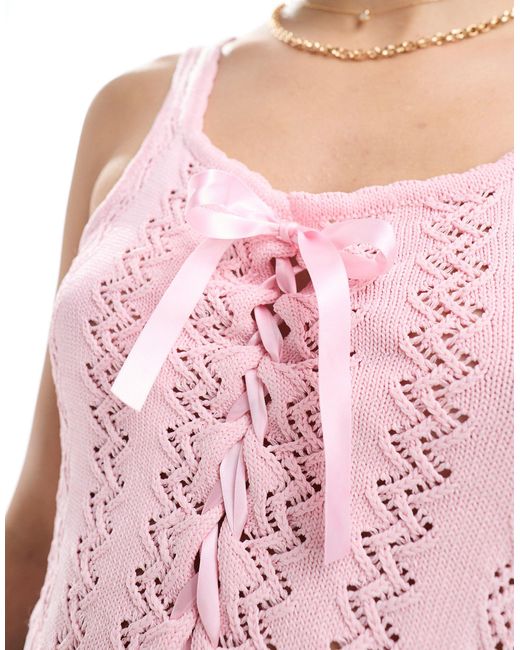 Miss Selfridge Pink Crochet Contrast Satin Lace Up Bow Cami