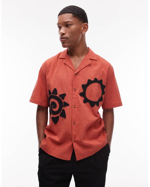 Topman Red Short Sleeve Embroide Sun Shirt for men