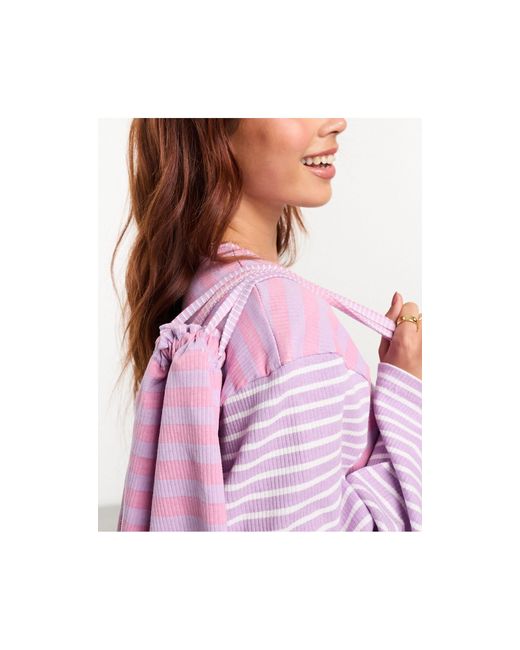 Daisy Street Pink Rib Stripe Mix Long Sleeve Pants Pyjama Set With Gift Bag-purple